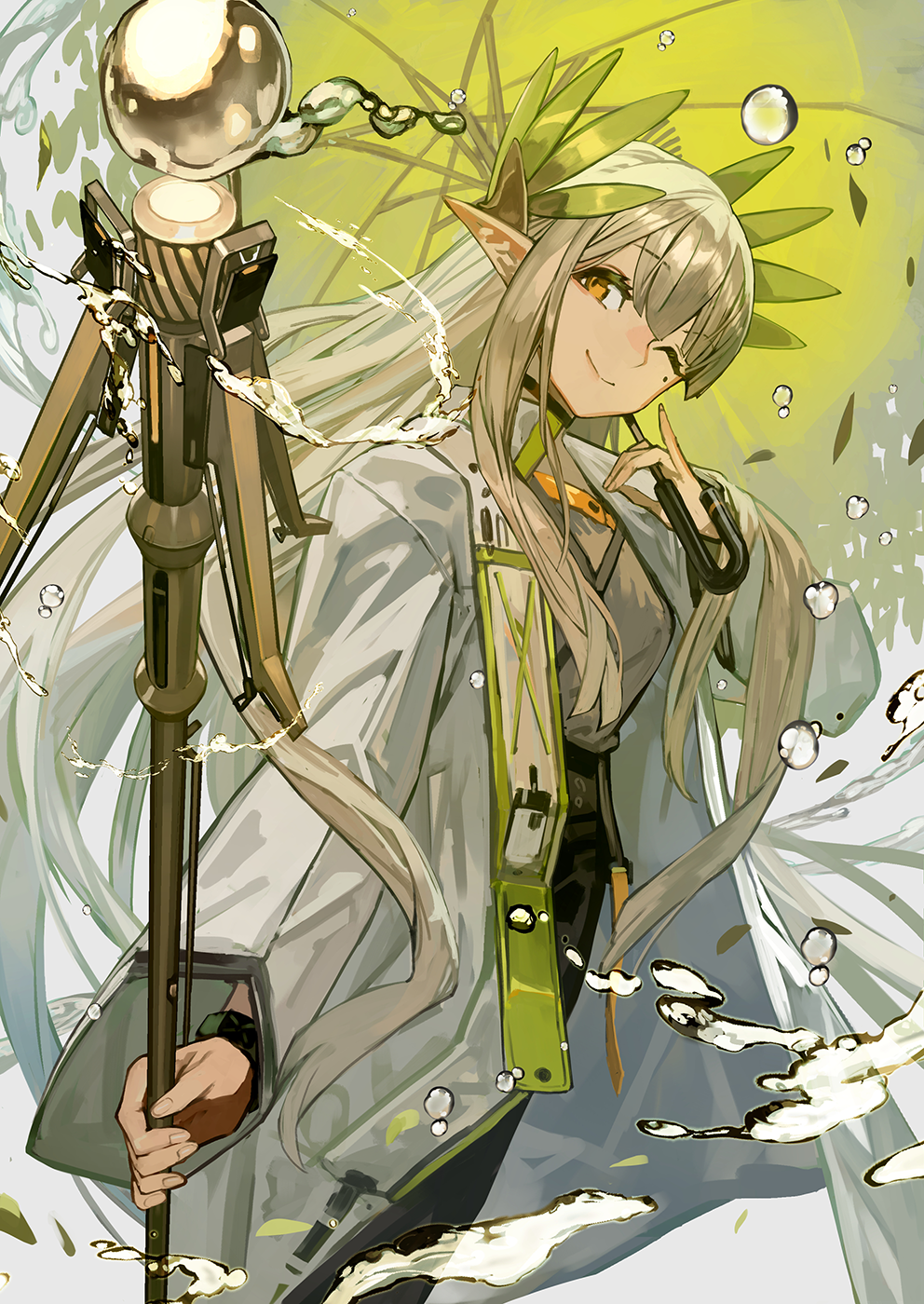 1girl arknights closed_mouth coat commentary_request fingernails floating_hair hair_ornament highres holding holding_staff holding_umbrella holding_weapon hydrokinesis lab_coat lack long_hair looking_at_viewer mole mole_under_eye muelsyse_(arknights) one_eye_closed open_clothes open_coat pointy_ears smile solo staff umbrella very_long_hair water weapon white_coat yellow_eyes
