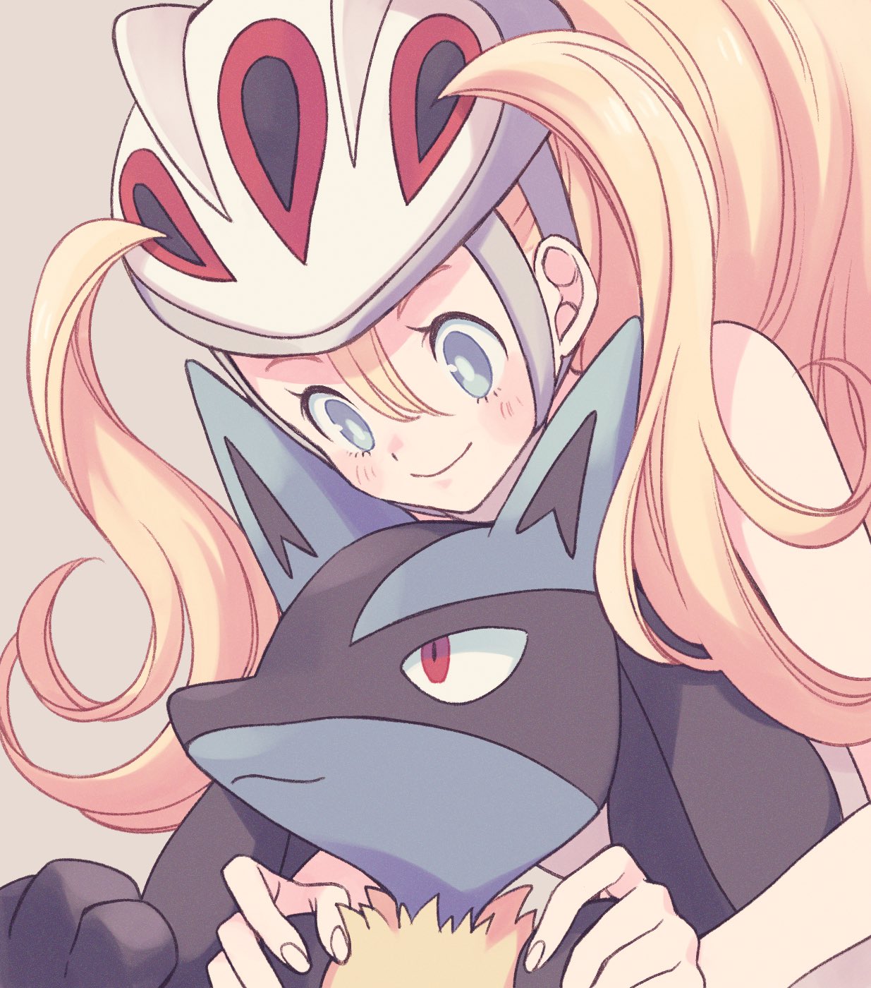 1girl bare_arms blonde_hair bright_pupils closed_mouth commentary_request eyelashes grey_background grey_eyes hair_between_eyes helmet highres komasawa_(fmn-ppp) korrina_(pokemon) long_hair looking_down lucario pokemon pokemon_(creature) pokemon_(game) pokemon_xy smile two_side_up white_headwear