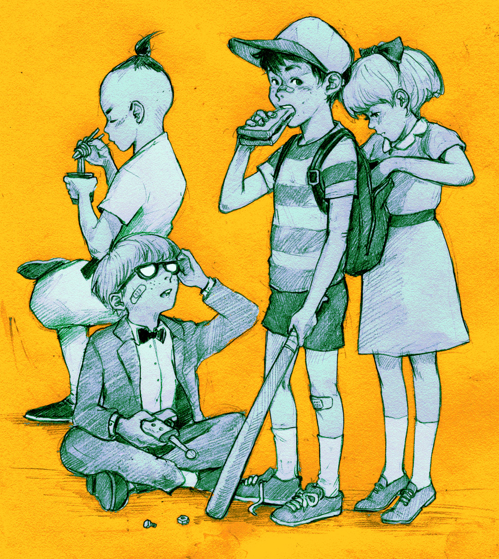 1girl 3boys backpack bag bandaid bandaid_on_face bandaid_on_knee bandaid_on_leg baseball_bat baseball_cap bow bowl_cut bowtie chopsticks cup dress energy_gun food freckles glasses greyscale_with_colored_background hat holding holding_baseball_bat holding_chopsticks holding_cup holding_food holding_sandwich jacket jeff_andonuts mother_(game) mother_2 multiple_boys ness_(mother_2) noodles on_ground open_mouth orange_background paula_(mother_2) poo_(mother_2) ramen ray_gun rvsa sandwich screw shirt shoes short_hair short_sleeves shorts sitting sneakers socks striped striped_shirt topknot weapon