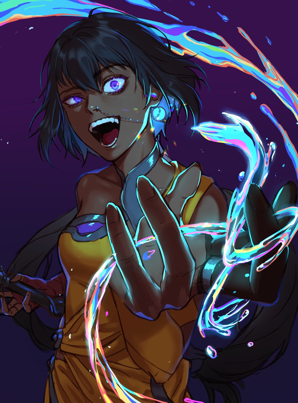 1girl :d bare_shoulders black_hair blue_eyes collarbone dark-skinned_female dark_skin earrings fang fingernails glowing glowing_earrings hair_between_eyes half-closed_eye highres holding holding_weapon indian_clothes jewelry league_of_legends long_hair looking_at_viewer nilah_(league_of_legends) nyaamen_fork open_mouth ponytail purple_background simple_background smile solo teeth twintails upper_body water weapon