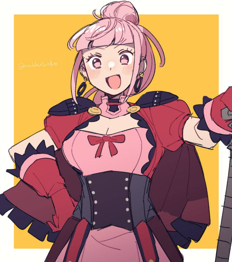 1girl axe blush border brown_cape cape commentary do_m_kaeru dress earrings fire_emblem fire_emblem:_three_houses fire_emblem_warriors:_three_hopes gloves hair_bun hand_on_own_hip hilda_valentine_goneril holding holding_axe holding_weapon hoop_earrings jewelry looking_at_viewer official_alternate_costume open_mouth pink_dress pink_eyes pink_hair red_dress red_gloves simple_background single_hair_bun smile solo twitter_username two-tone_dress weapon white_border yellow_background