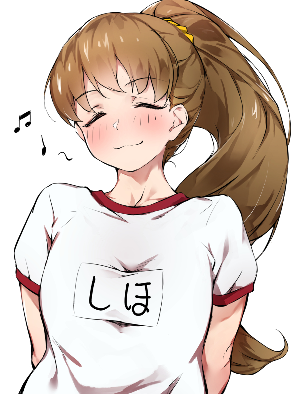 1girl ^_^ arms_behind_back blush breasts brown_hair character_name closed_eyes closed_mouth collarbone gym_shirt hair_ornament hair_scrunchie highres idolmaster idolmaster_cinderella_girls idolmaster_cinderella_girls_starlight_stage karan large_breasts long_hair makihara_shiho musical_note name_tag ponytail scrunchie shirt short_sleeves simple_background smile solo white_background white_shirt yellow_scrunchie
