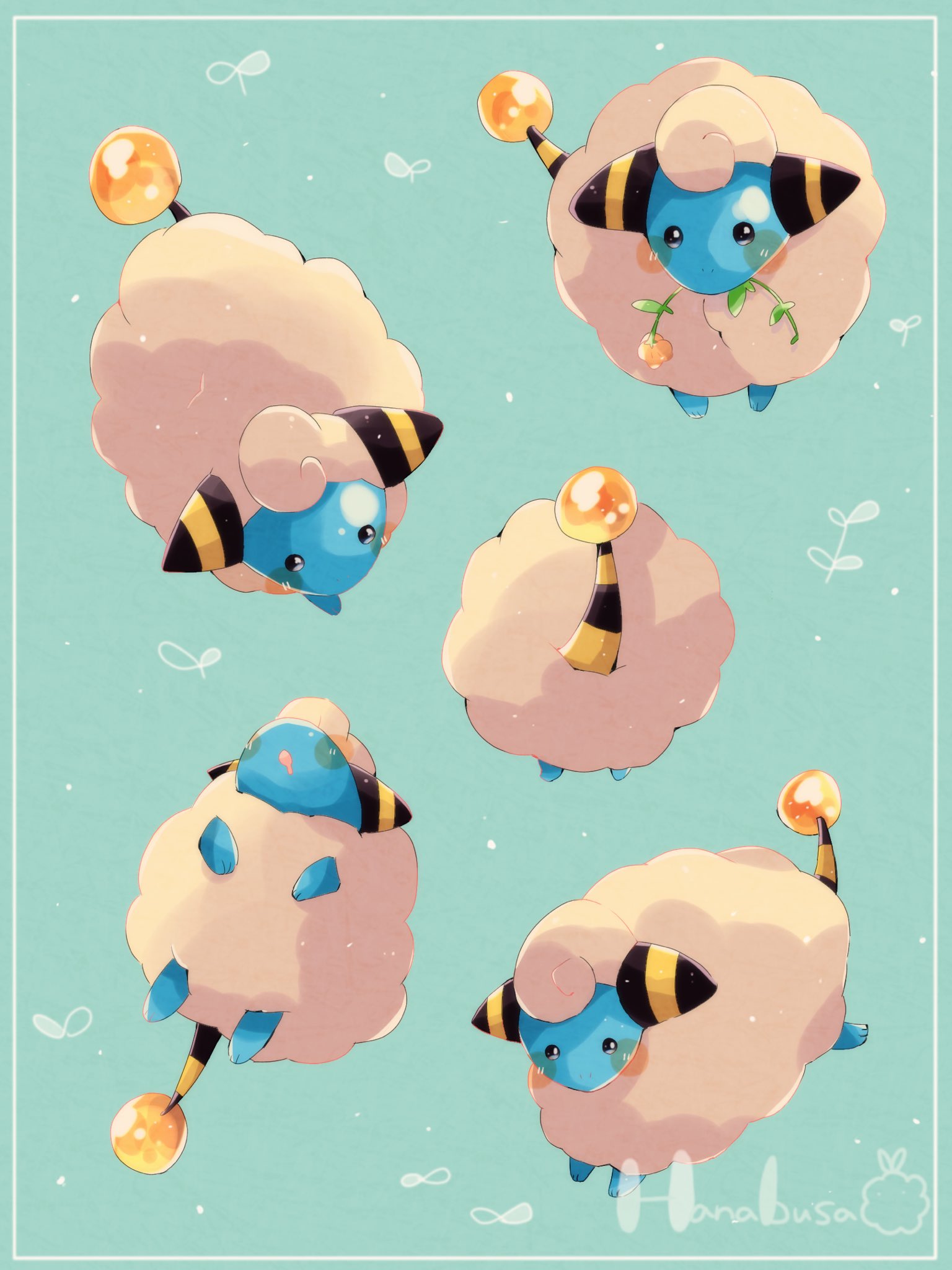 animal_focus aqua_background artist_name blue_skin border colored_skin commentary_request drooling hanabusaoekaki highres mareep multiple_views no_humans pointy_ears pokemon pokemon_(creature) sheep sleeping solid_circle_eyes tail white_border wool