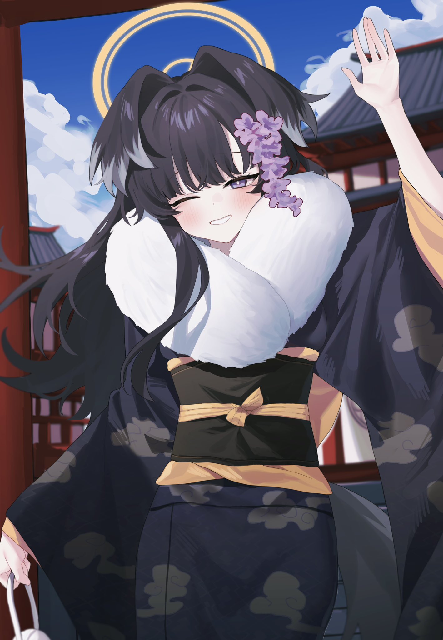 1girl alternate_costume animal_ears bag black_hair black_kimono black_sash blue_archive blue_sky blush cloud_print clouds cloudy_sky commentary_request danbal dog_ears dog_girl dog_tail flower fur-trimmed_kimono fur_trim hair_flower hair_intakes hair_ornament halo hand_up handbag hibiki_(blue_archive) highres holding holding_bag japanese_clothes kimono long_hair looking_at_viewer obi one_eye_closed outdoors parted_bangs parted_lips purple_flower sash shrine simple_background sky solo tail torii upper_body violet_eyes waving white_background wide_sleeves yellow_halo