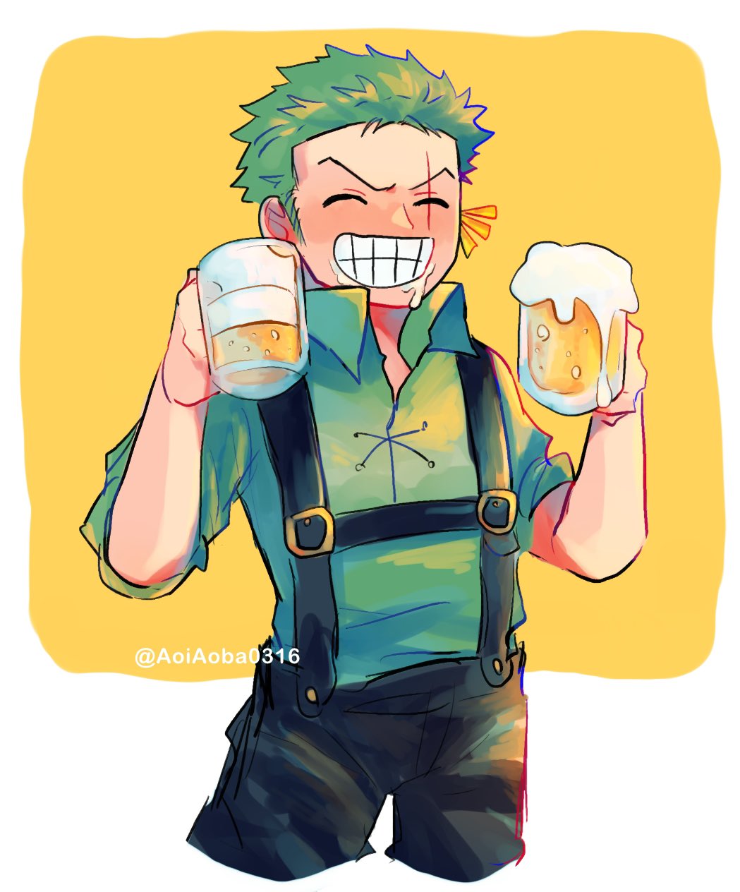 1boy ^_^ aoiaoba0316 beer_mug closed_eyes collared_shirt cropped_legs cup earrings green_hair grin highres jewelry male_focus mug one_piece pants roronoa_zoro scar scar_across_eye shirt short_hair single_earring smile solo suspenders