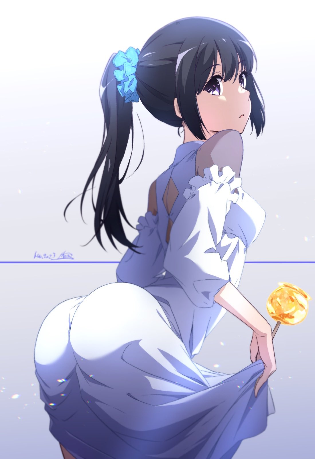 1girl ass black_hair blue_scrunchie candy_apple character_request copyright_request dress food frilled_dress frills from_behind hair_ornament hair_scrunchie highres long_hair nii_manabu ponytail scrunchie solo white_dress