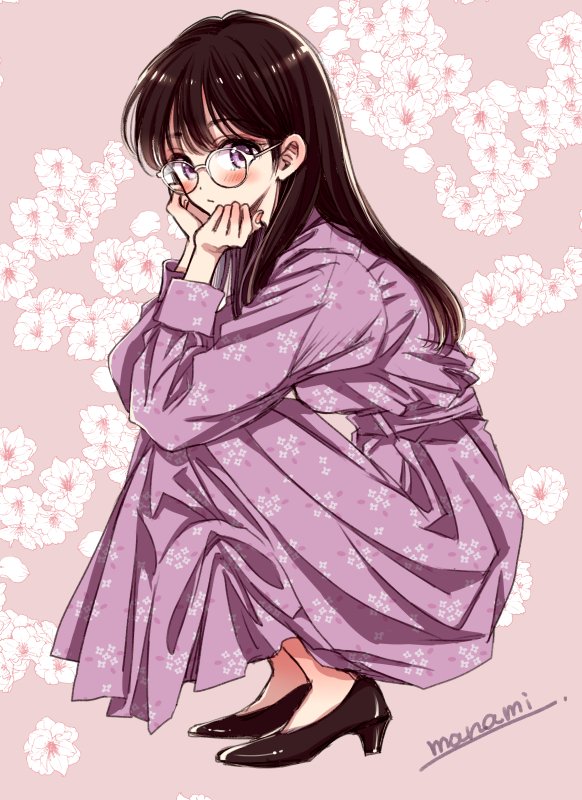 1girl artist_name blush breasts brown_footwear brown_hair closed_mouth commentary_request dress floral_background floral_print flower from_side full_body glasses hands_on_own_face hands_up high_heels himawari-san himawari-san_(character) long_dress long_hair long_sleeves pink_background pink_dress print_dress signature solo squatting sugano_manami violet_eyes white-framed_eyewear white_flower
