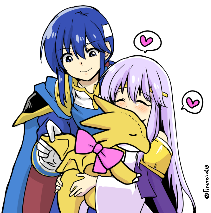 1boy 1girl black_cape blue_eyes blue_hair brother_and_sister cape circlet closed_eyes dress fire_emblem fire_emblem:_genealogy_of_the_holy_war headband heart holding holding_stuffed_toy julia_(fire_emblem) long_hair purple_hair seliph_(fire_emblem) siblings simple_background spoken_heart stuffed_toy white_headband yukia_(firstaid0)