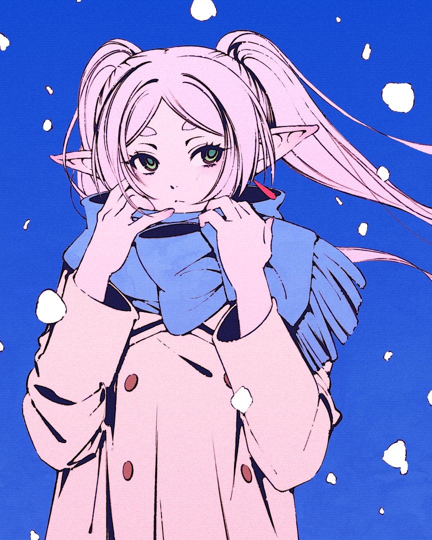 1girl blue_scarf coat earrings elf frieren green_eyes jewelry long_sleeves moshimoshibe pointy_ears scarf snow snowing solo sousou_no_frieren thick_eyebrows twintails white_coat white_hair winter winter_clothes winter_coat