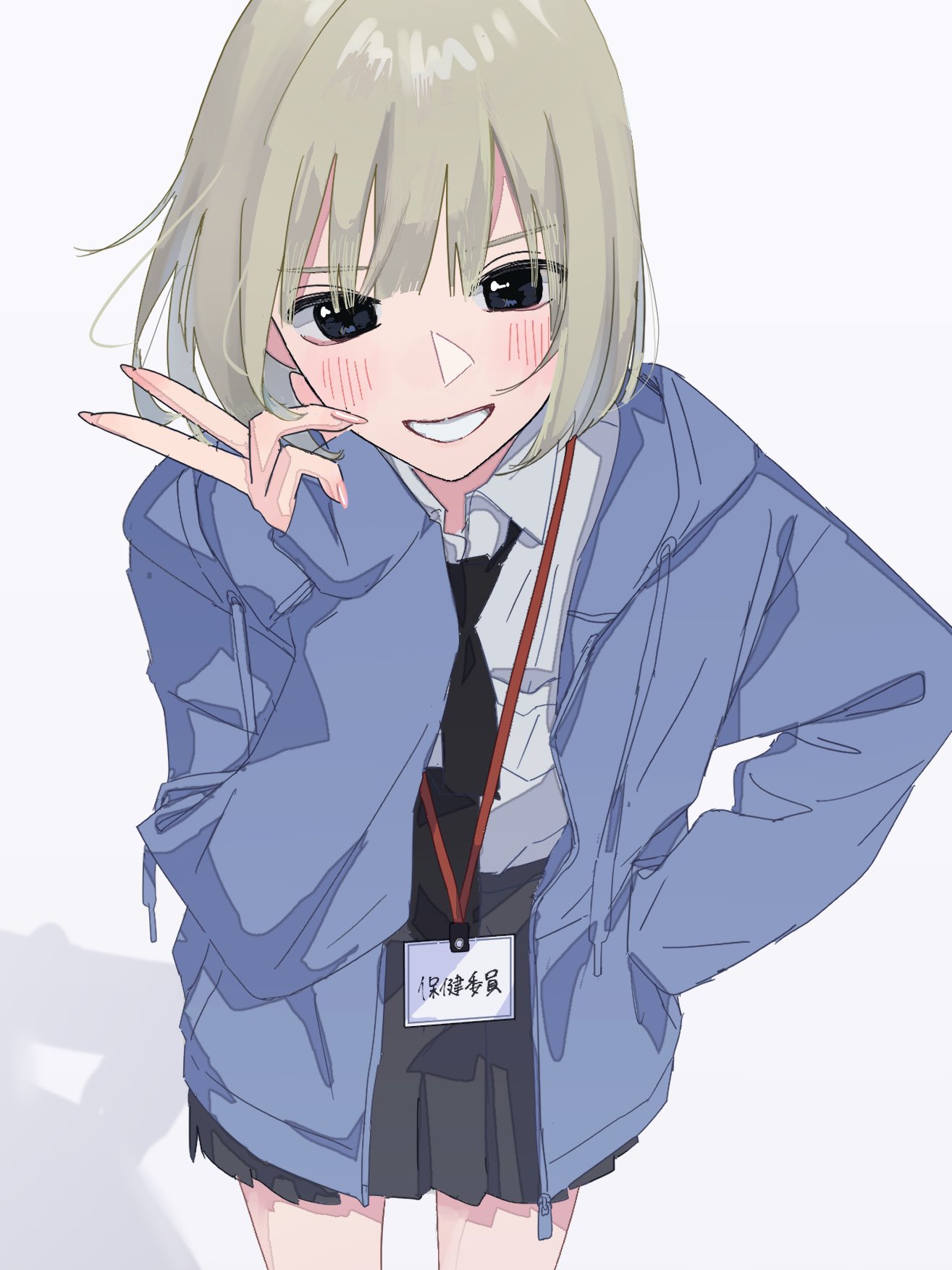 1girl black_eyes blonde_hair blue_hoodie blunt_bangs blush collared_shirt drawstring fingernails hair_between_eyes hamafugu highres hood hoodie jacket legs long_fingernails long_sleeves looking_at_viewer loose_necktie nail_polish name_tag necktie open_clothes open_jacket open_mouth original partially_unbuttoned pink_nails pleated_skirt school_uniform shadow shirt short_hair simple_background skirt smile solo standing swept_bangs teeth unzipped v white_background white_shirt