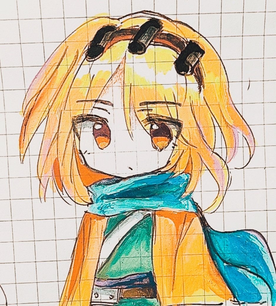 1other androgynous belt blonde_hair blue_scarf brown_belt brown_hairband chuqi1030 closed_mouth commentary_request graph_paper green_kimono hairband jacket japanese_clothes kimono len'en looking_at_viewer medium_hair no_nose open_clothes open_jacket orange_eyes orange_jacket other_focus scarf solo traditional_media upper_body zuifeng_tenkai