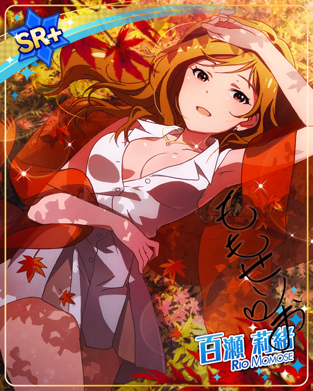 armpits autumn brown_eyes brown_hair character_name dress idolmaster_million_live!_theater_days long_hair momose_rio official_art smile