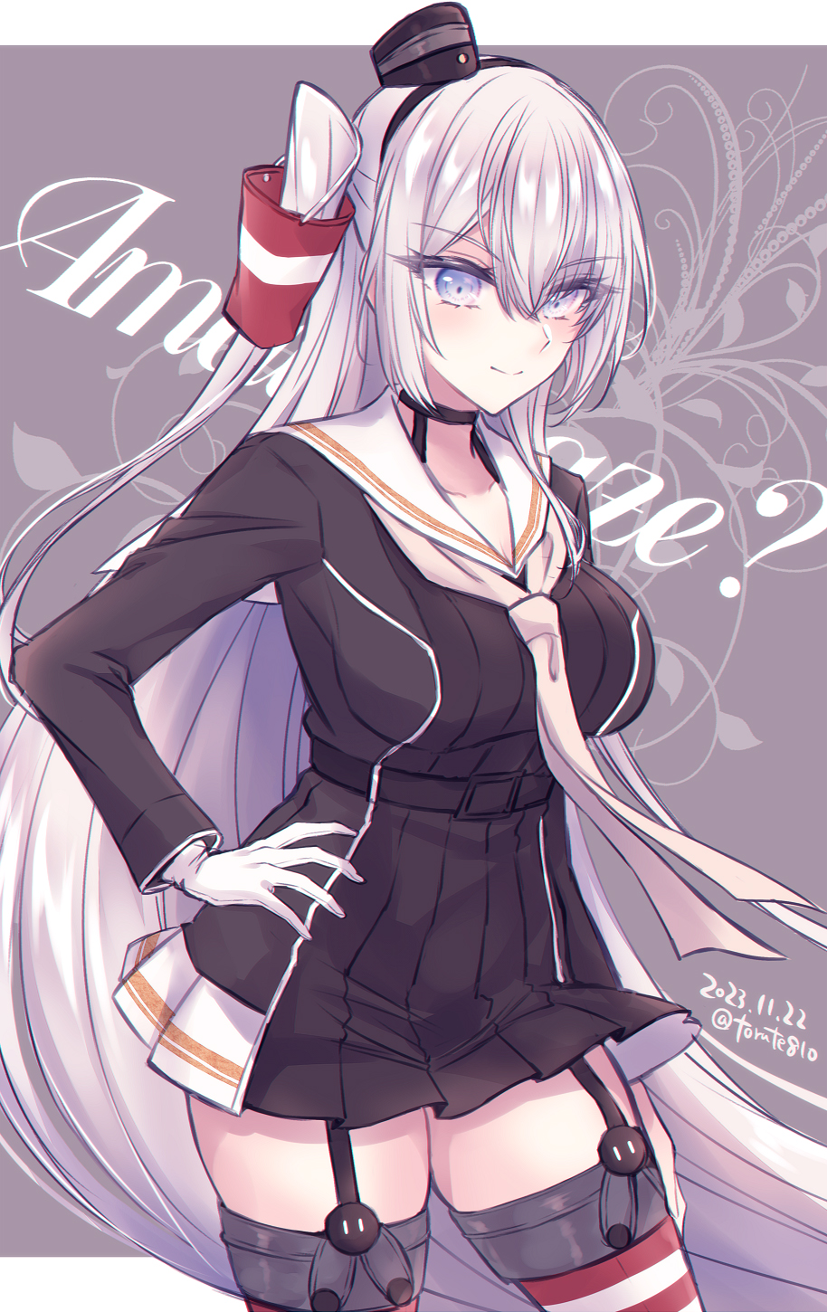 1girl amatsukaze_(kancolle) amatsukaze_(kancolle)_(cosplay) amatsukaze_kai_ni_(kancolle) amatsukaze_kai_ni_(kancolle)_(cosplay) black_choker black_dress breasts choker commentary_request cosplay cowboy_shot dated dress fuyutsuki_(kancolle) garter_straps gloves grey_background grey_eyes grey_hair grey_neckerchief hand_on_own_hip highres kabocha_torute kantai_collection long_hair medium_breasts neckerchief one_side_up sailor_collar sailor_dress single_glove solo striped striped_thighhighs text_background thigh-highs twitter_username white_gloves white_sailor_collar