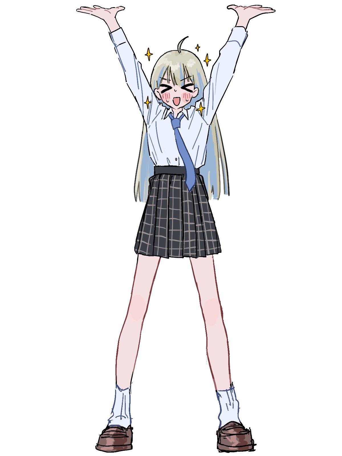 &gt;_&lt; 1girl :d ahoge arms_up blonde_hair blue_necktie blush brown_footwear collared_shirt commentary full_body hair_between_eyes hamafugu highres legs loafers long_hair long_sleeves loose_necktie necktie open_mouth original plaid plaid_skirt pleated_skirt school_uniform shirt shirt_tucked_in shoes simple_background sketch skirt smile socks solo sparkle standing sweatdrop swept_bangs tongue white_background white_shirt white_socks xd