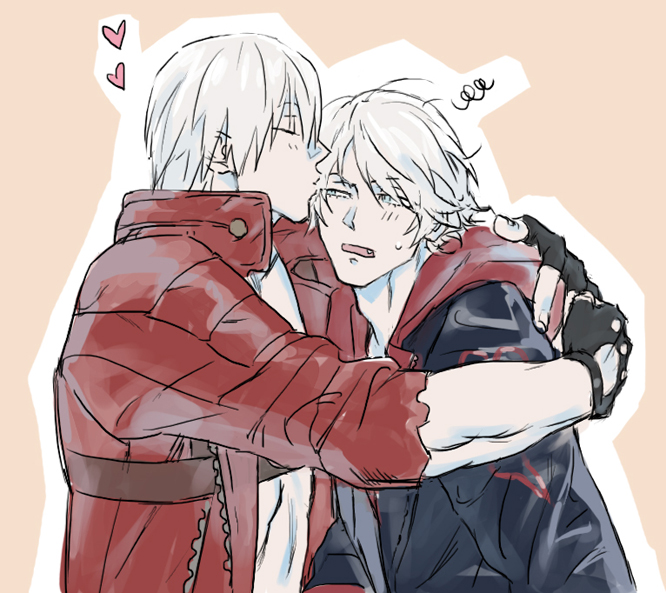 1boy 2boys aged_down annoyed blue_coat blue_eyes coat dante_(devil_may_cry) devil_may_cry_(series) devil_may_cry_3 devil_may_cry_4 fingerless_gloves gloves heart hug jacket jya kiss long_hair male_focus multiple_boys nero_(devil_may_cry) solo uncle_and_nephew white_hair yaoi