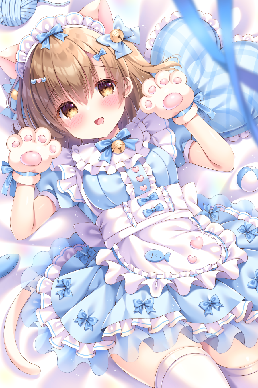 1girl :d animal_ears animal_hands apron bed_sheet bell blue_bow blue_dress blush bow breasts brown_eyes brown_gloves brown_hair cat_ears cat_girl cat_tail commentary_request dress frilled_apron frilled_dress frills gloves hair_bell hair_between_eyes hair_bow hair_ornament hands_up heart heart_pillow highres jingle_bell kouta. looking_at_viewer lying maid maid_headdress medium_breasts on_back original paw_gloves pillow pleated_dress puffy_short_sleeves puffy_sleeves saliva short_sleeves smile solo tail thigh-highs white_apron white_thighhighs yarn yarn_ball