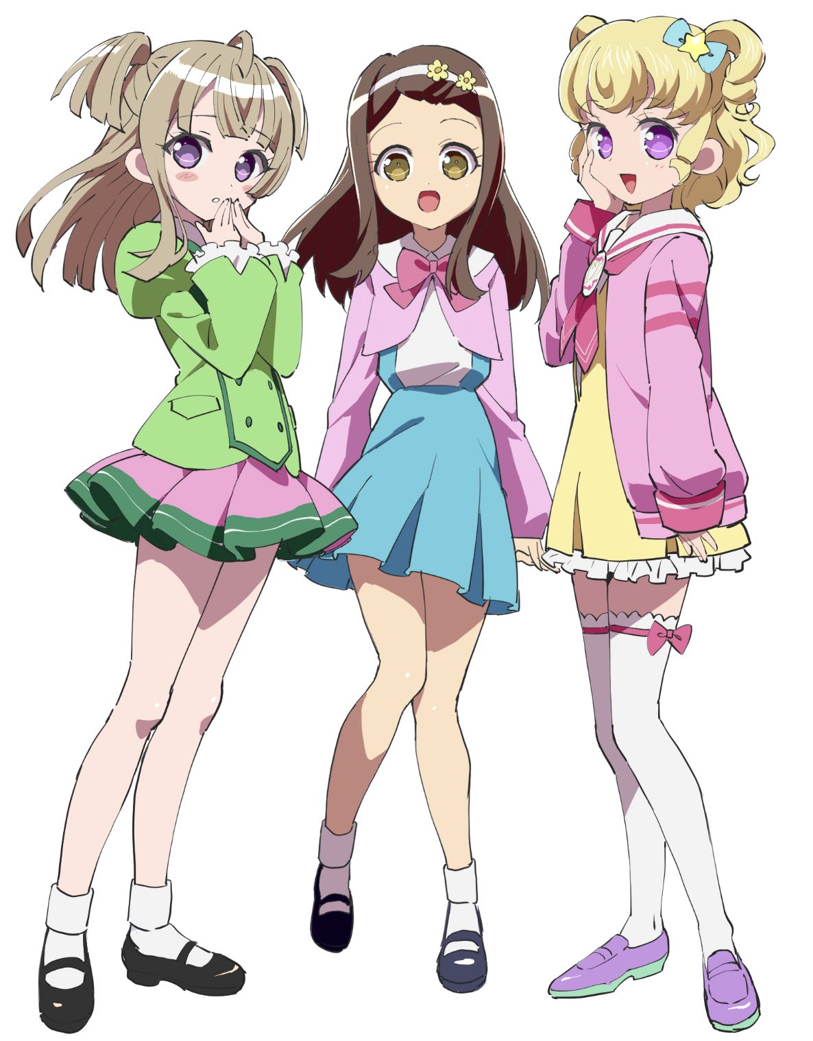 3girls :d ahoge black_footwear blonde_hair blue_skirt blunt_bangs blunt_ends bow brown_eyes brown_hair cardigan collared_shirt commentary_request cosplay costume_switch dress edamame_(buruburu) ehime_nao full_body green_jacket hair_bow hair_ornament hand_to_own_mouth hands_up highres idol_time_pripara jacket juliet_sleeves loafers long_hair long_sleeves looking_at_viewer mary_janes multiple_girls neckerchief open_mouth paprika_private_academy_school_uniform pink_bow pink_cardigan pink_jacket pink_neckerchief pink_skirt pleated_skirt pretty_(series) pripara puffy_sleeves purple_footwear ringlets sailor_collar school_uniform shirt shoes short_dress short_hair skirt smile socks standing star_(symbol) star_hair_ornament suspender_skirt suspenders thigh-highs tsukikawa_chili two_side_up violet_eyes white_background white_sailor_collar white_shirt white_socks white_thighhighs yellow_dress yumekawa_yui