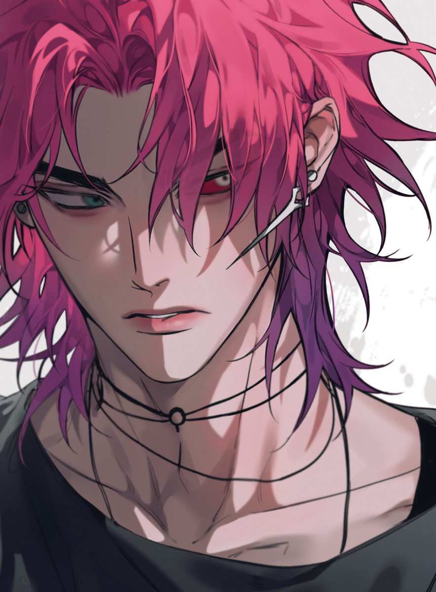 1boy black_shirt close-up colored_sclera earrings expressionless green_eyes grey_background heartsteel_kayn heterochromia highres jewelry kayn_(league_of_legends) league_of_legends looking_to_the_side m0adolna male_focus necklace official_alternate_hairstyle parted_bangs parted_lips portrait red_sclera redhead shirt short_hair simple_background solo white_eyes