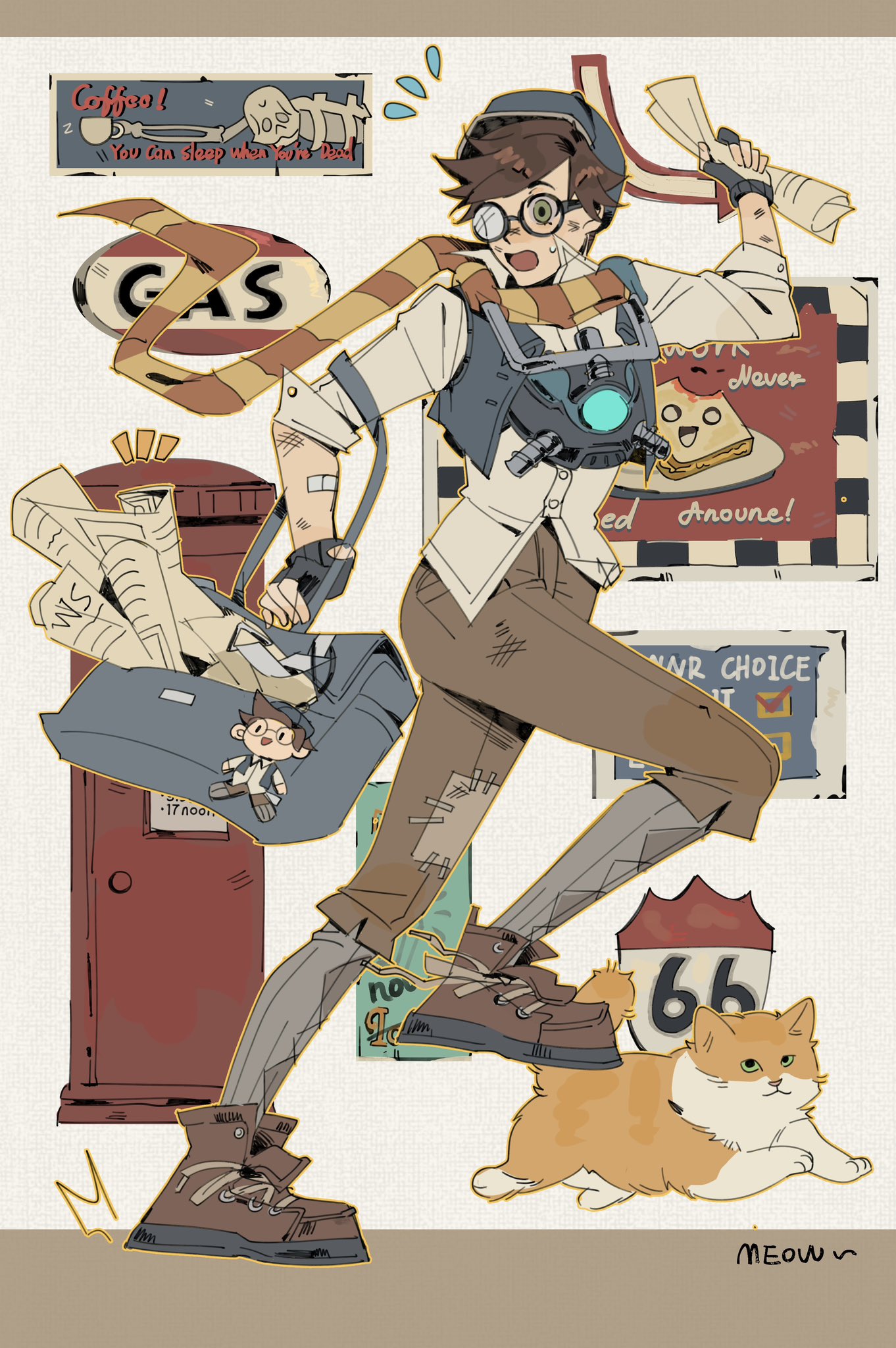 1girl bag brown_footwear brown_hair brown_pants cat english_commentary fingerless_gloves full_body glasses gloves heiban highres journal long_sleeves official_alternate_costume open_mouth overwatch overwatch_2 pants scarf short_hair tracer_(overwatch)