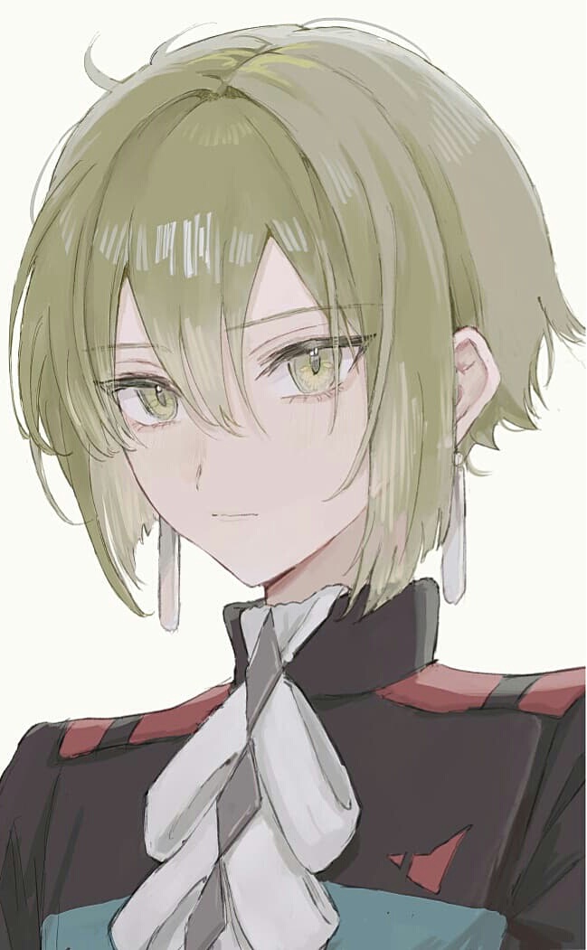 1boy ascot asticassia_school_uniform blunt_ends closed_mouth commentary earrings elan_ceres expressionless green_eyes green_hair green_jacket gundam gundam_suisei_no_majo hair_between_eyes high_collar jacket jewelry kumagai_yuka looking_at_viewer male_focus portrait school_uniform short_hair shoulder_boards simple_background solo tassel tassel_earrings white_ascot white_background