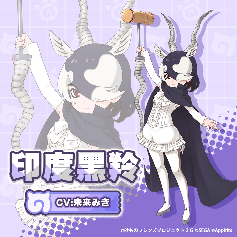 1girl animal_ears black_hair blackbuck_(kemono_friends) chinese_text cloak dress extra_ears full_body horns japari_symbol kemono_friends kemono_friends_3 looking_at_viewer multicolored_hair official_art pantyhose red_eyes shoes short_hair shorts simple_background sleeveless solo tail two-tone_hair weapon white_dress white_hair
