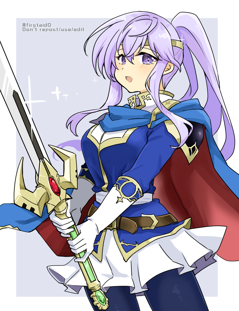 1girl alternate_costume alternate_hairstyle cape circlet cosplay fire_emblem fire_emblem:_genealogy_of_the_holy_war gloves holding holding_sword holding_weapon julia_(fire_emblem) looking_at_viewer pantyhose ponytail purple_hair seliph_(fire_emblem) seliph_(fire_emblem)_(cosplay) simple_background skirt solo sword tyrfing_(fire_emblem) violet_eyes weapon yukia_(firstaid0)