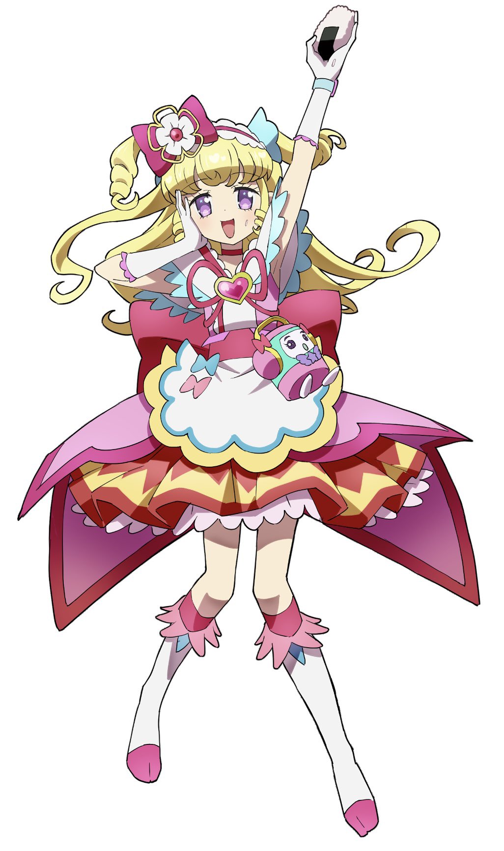 1girl :d arm_up blonde_hair blue_bow boots bow commentary_request cosplay cure_precious cure_precious_(cosplay) delicious_party_precure dress edamame_(buruburu) flower food food_on_face frilled_dress frills full_body gloves hair_bow hair_flower hair_ornament hairband hand_on_own_cheek hand_on_own_face hand_up highres holding holding_food idol_time_pripara knee_boots kneehighs long_hair looking_at_viewer magical_girl onigiri open_mouth pink_bow pink_dress precure pretty_(series) pripara rice_cooker ringlets simple_background smile socks solo standing takki_(pripara) two_side_up violet_eyes white_background white_flower white_footwear white_gloves white_hairband yumekawa_yui