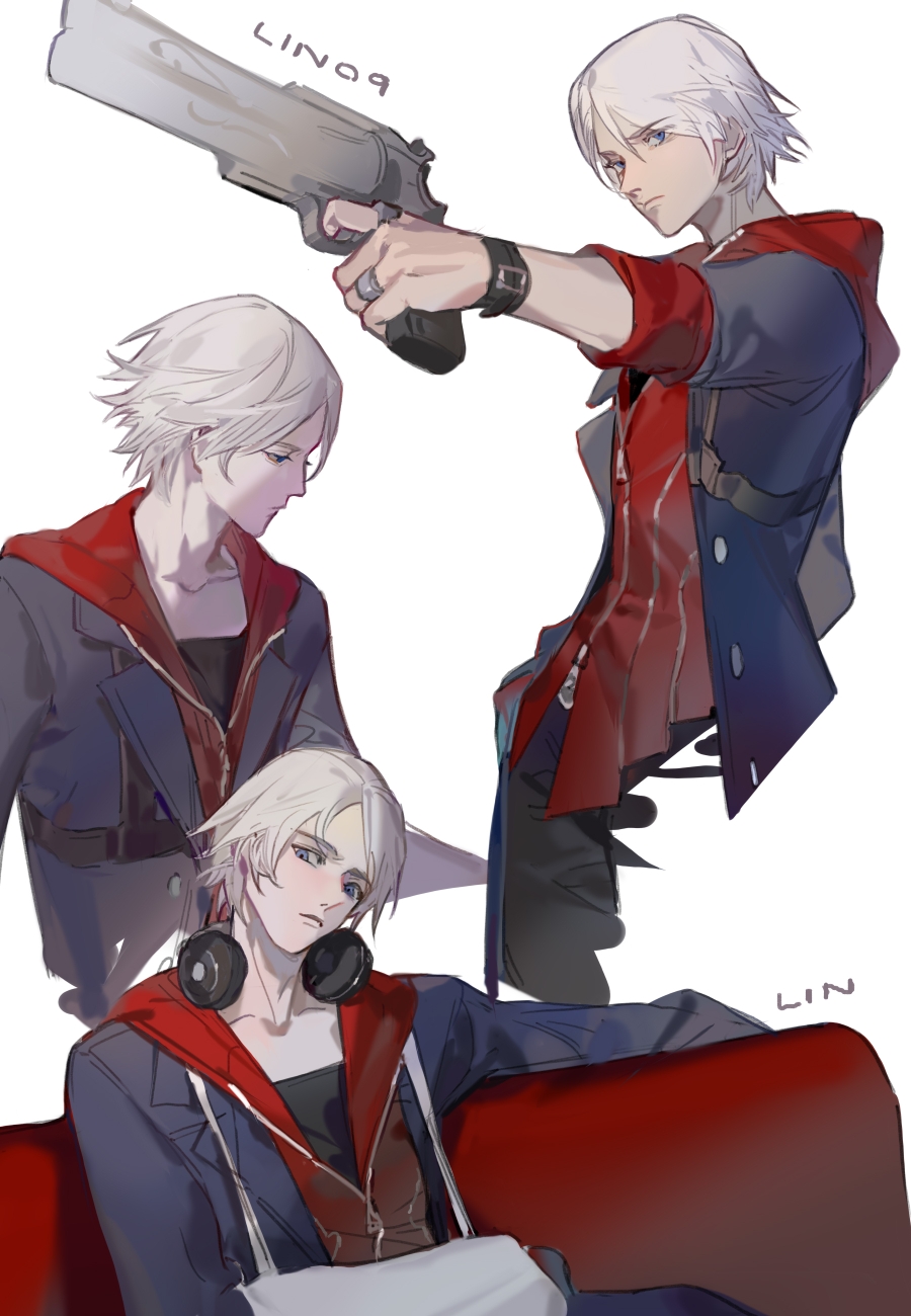 1boy bishounen blue_eyes blue_rose_(gun) devil_bringer devil_may_cry_(series) devil_may_cry_4 gun headphones highres holding holding_gun holding_weapon jacket jewelry long_hair male_focus nero_(devil_may_cry) simple_background solo user_mkwp8753 weapon white_hair