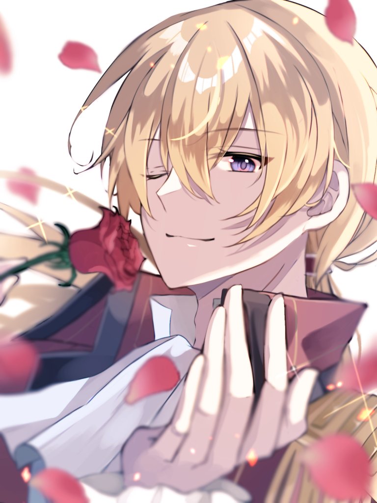 1boy ascot blonde_hair closed_mouth collar commentary eiyuu_densetsu epaulettes flower hair_between_eyes long_hair looking_at_viewer male_focus natsusechoco olivert_reise_arnor one_eye_closed petals red_collar red_flower red_rose rose rose_petals sen_no_kiseki simple_background solo sora_no_kiseki symbol-only_commentary upper_body violet_eyes white_ascot white_background