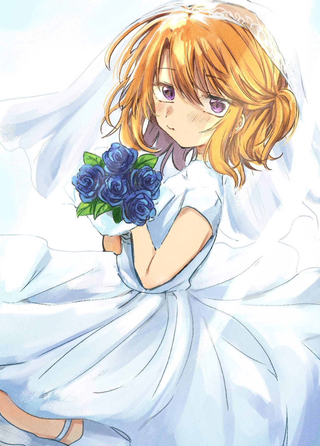 1girl alternate_costume alternate_hairstyle blue_flower blue_rose bouquet bridal_garter bridal_veil bride check_commentary child closed_mouth clouds cloudy_sky commentary_request dress flat_chest flower from_side full_body gradient_background hair_between_eyes hands_up highres holding holding_bouquet idolmaster idolmaster_cinderella_girls lace lace_trim leaf light_blush light_rays long_dress looking_at_viewer looking_to_the_side medium_hair orange_hair rose see-through see-through_veil seiza short_sidetail short_sleeves side_ponytail sidelocks sitting sky solo straight_hair swept_bangs toya_0321 veil violet_eyes wedding_dress white_bridal_garter white_dress yuuki_haru