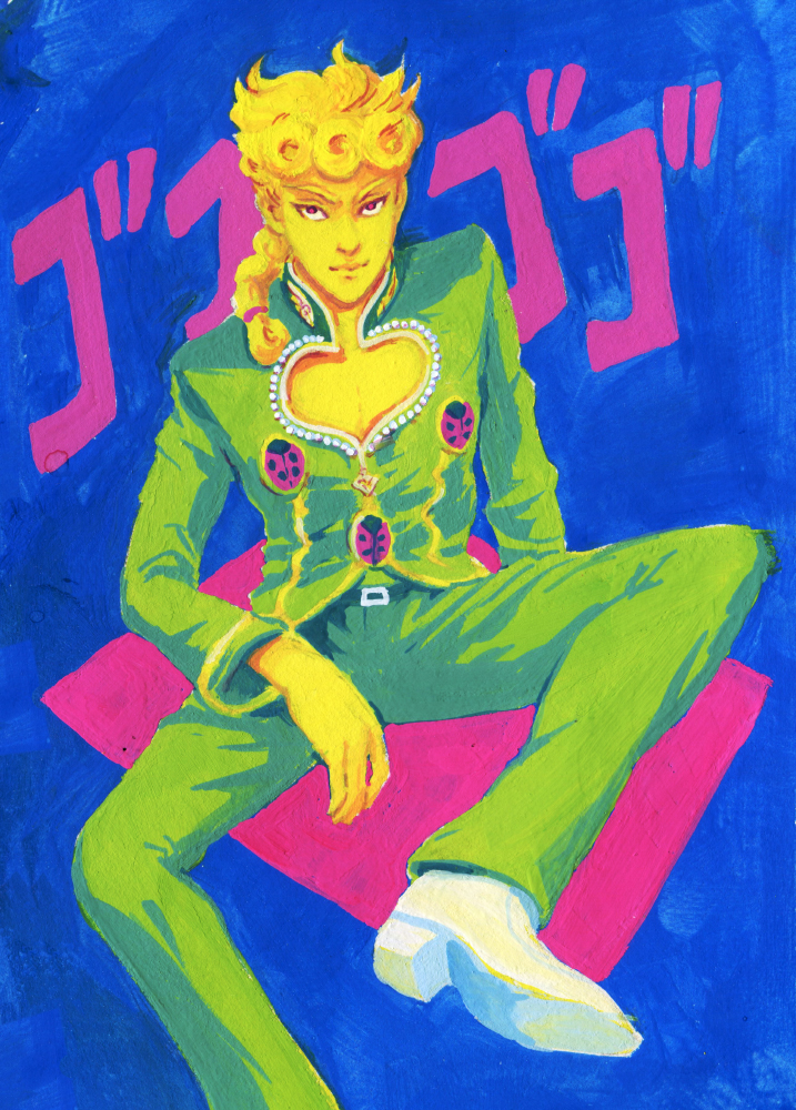 1boy belt blonde_hair blue_background braid closed_mouth colored_skin giorno_giovanna green_belt green_jacket green_pants jacket jojo_no_kimyou_na_bouken limited_palette long_hair looking_at_viewer male_focus pants pectoral_cleavage pectorals rvsa solo vento_aureo white_footwear yellow_skin zipper