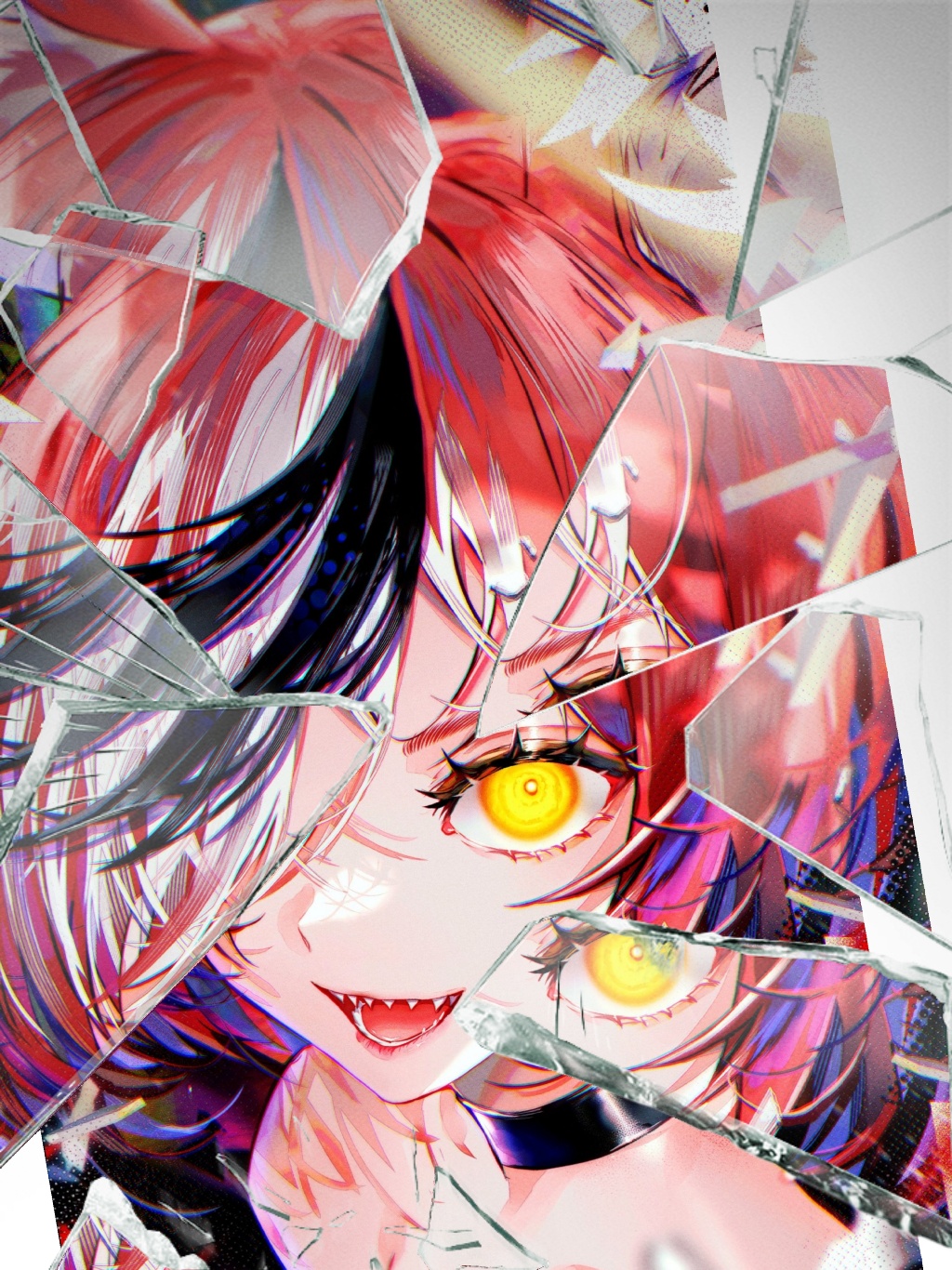 1girl animal_ears bare_shoulders black_choker black_hair bright_pupils broken_glass choker crazy crazy_smile eyelashes glass glass_shards hair_over_one_eye hakos_baelz halftone highres hololive hololive_english kubrick_stare mouse_ears mouse_girl multicolored_hair open_mouth portrait psycho_(hololive) redhead reflection sharp_teeth short_hair smile sowon streaked_hair teeth virtual_youtuber white_hair white_pupils yellow_eyes