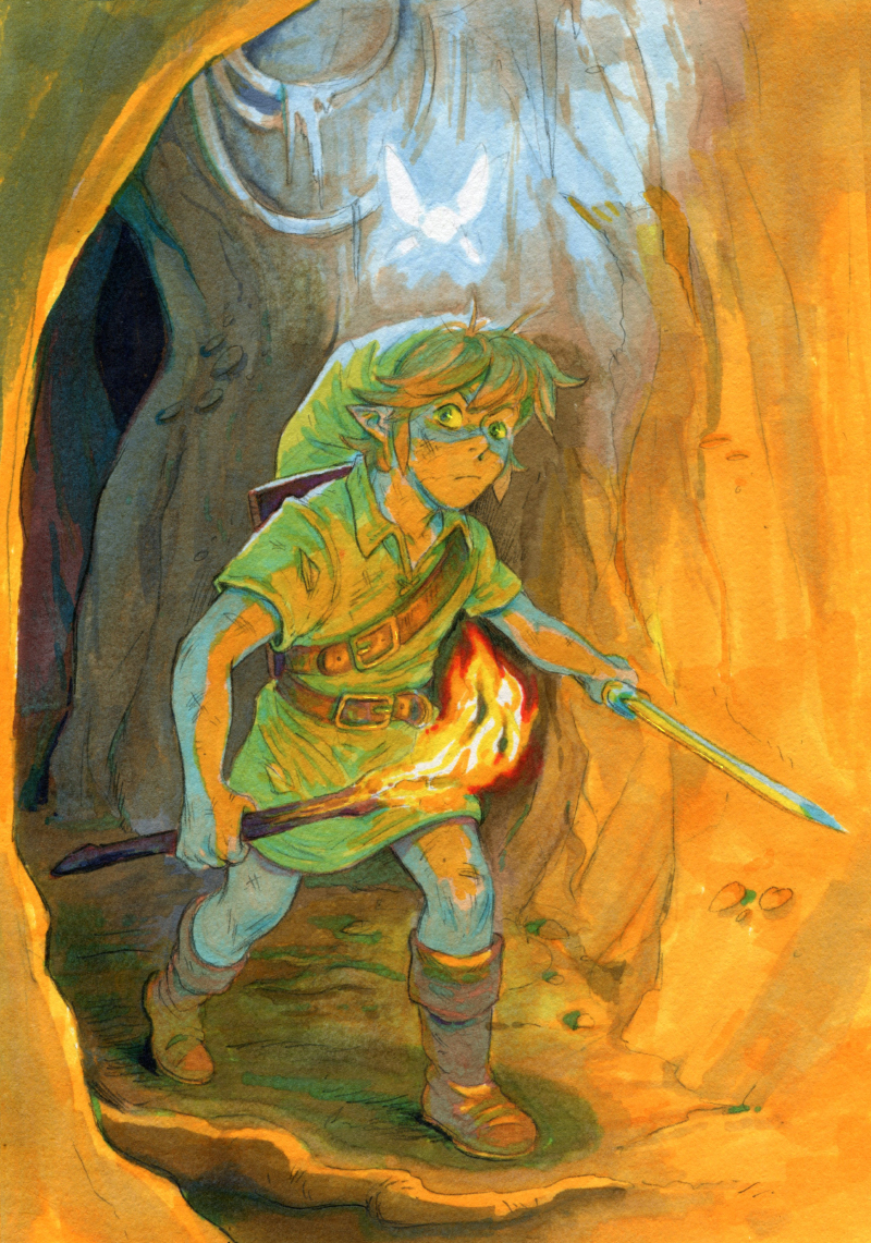 1boy belt blonde_hair brown_belt brown_footwear cave closed_mouth dirty fairy fire green_headwear green_tunic hat holding holding_stick holding_sword holding_weapon link male_focus navi pointy_ears rvsa shield shield_on_back short_hair stick sword the_legend_of_zelda the_legend_of_zelda:_ocarina_of_time weapon young_link