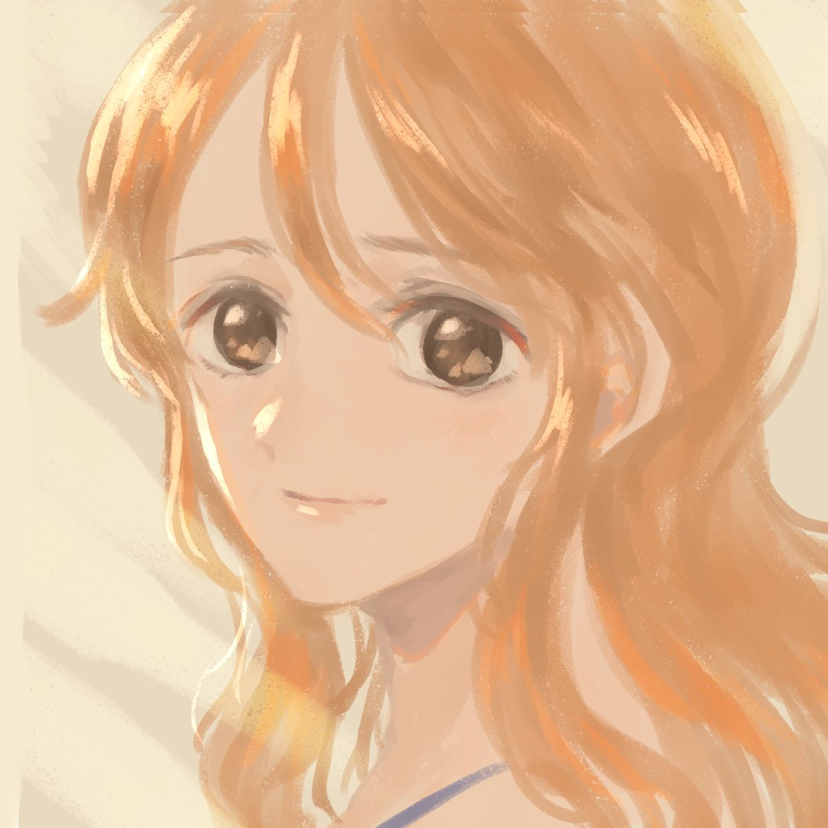 1girl archived_source bad_id bad_twitter_id brown_eyes close-up from_side hair_between_eyes highres light_smile long_hair looking_at_viewer namagomi_(op_laaaaw_tan) nami_(one_piece) one_piece orange_hair simple_background solo