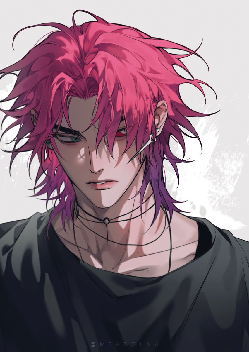 1boy black_shirt colored_sclera earrings expressionless green_eyes grey_background heartsteel_kayn heterochromia highres jewelry kayn_(league_of_legends) league_of_legends looking_to_the_side m0adolna male_focus necklace official_alternate_hairstyle parted_bangs parted_lips red_sclera redhead shirt short_hair simple_background solo upper_body white_eyes