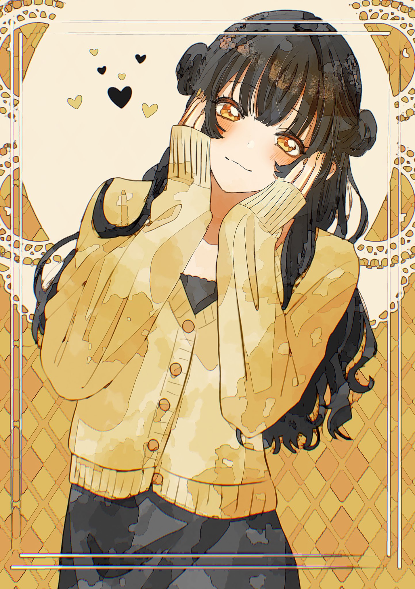 1girl argyle argyle_background black_hair black_skirt blush brown_background brown_cardigan brown_nails cardigan closed_mouth commentary_request dot_nose double_bun hair_between_eyes hair_bun hands_on_own_cheeks hands_on_own_face heart highres idolmaster idolmaster_shiny_colors leaning_to_the_side long_hair mayuzumi_fuyuko paddy_field skirt sleeves_past_wrists smile solo upper_body yellow_eyes