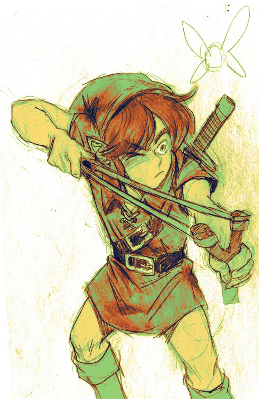 1boy aiming belt boots brown_hair closed_mouth fairy frown hat highres holding_slingshot link male_focus navi one_eye_closed partially_colored pointy_ears rvsa simple_background sketch sword sword_on_back the_legend_of_zelda the_legend_of_zelda:_ocarina_of_time tunic weapon weapon_on_back young_link