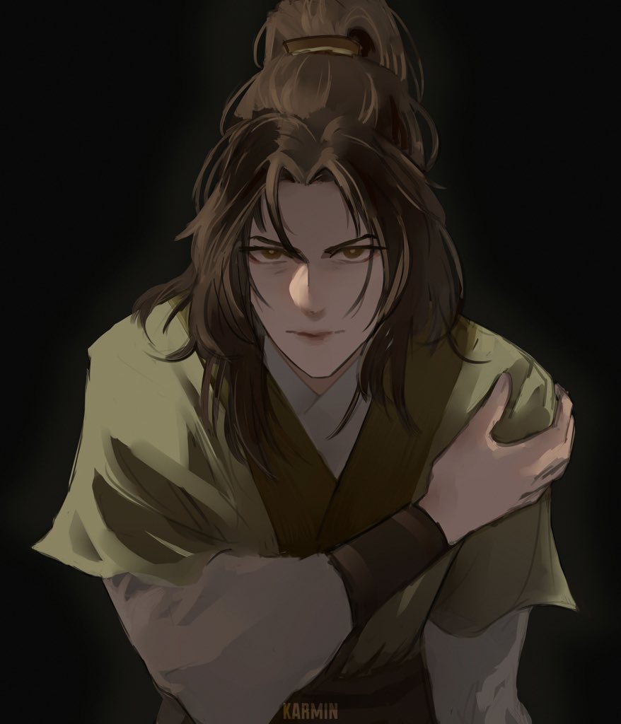 1boy artist_name black_background brown_eyes brown_hair brown_shirt chinese_clothes hair_tie half_updo jin_guangyao karmin long_hair long_sleeves looking_at_viewer male_focus modao_zushi serious shirt simple_background solo