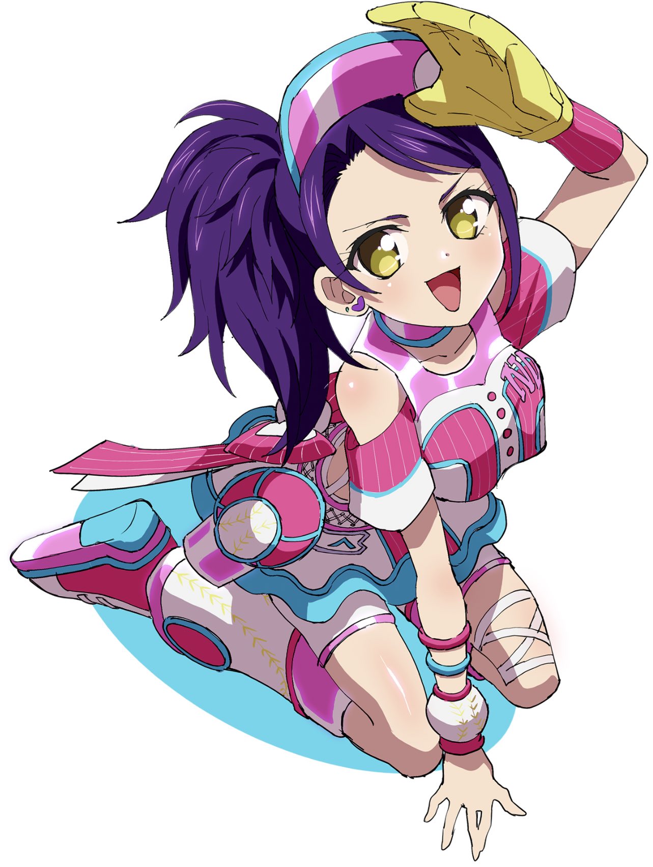 1girl :d arm_support arm_up bare_shoulders baseball_mitt baseball_uniform bracelet commentary_request detached_sleeves edamame_(buruburu) full_body hand_up highres idol_clothes idol_time_pripara jewelry long_hair looking_at_viewer open_mouth pink_footwear pink_shirt pink_skirt pretty_(series) pripara purple_hair seiza shirt shoe_soles side_ponytail sitting skirt smile solo sportswear toudou_shion visor_cap white_background yellow_eyes