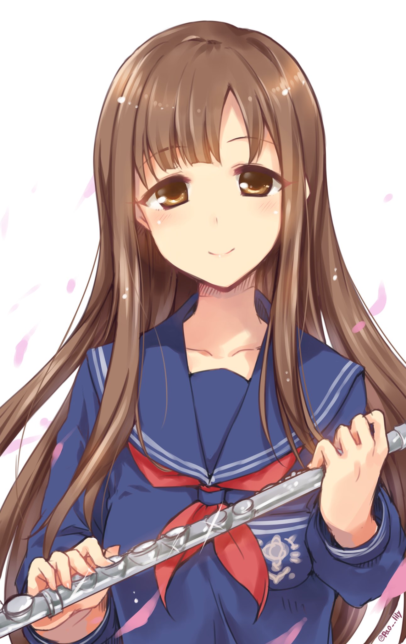 1girl blue_sailor_collar blue_shirt blunt_bangs blush breasts brown_eyes brown_hair clarinet closed_mouth collarbone dot_nose falling_petals flute glint highres holding holding_flute idolmaster idolmaster_cinderella_girls idolmaster_cinderella_girls_starlight_stage instrument long_hair long_sleeves looking_at_viewer medium_breasts mizumoto_yukari neckerchief paopao petals red_neckerchief sailor_collar school_uniform serafuku shirt simple_background smile solo twitter_username upper_body white_background
