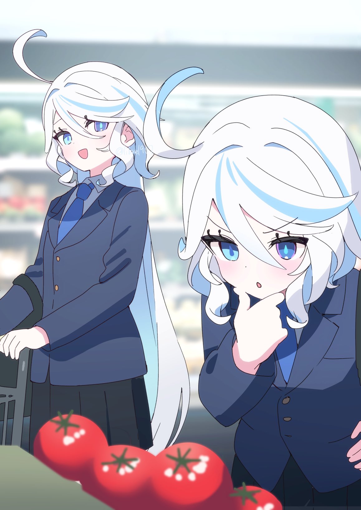 1girl :d ahoge black_skirt blazer blue_eyes blue_jacket blue_necktie blurry blurry_background collared_shirt curly_hair food furina_(genshin_impact) genshin_impact groceries hair_between_eyes hand_on_own_chin heterochromia highres jacket long_hair long_sleeves mismatched_pupils multicolored_hair multiple_views necktie open_mouth pleated_skirt school_uniform shirt shopping skirt smile stroking_own_chin thinking tomato two-tone_hair white_hair white_shirt zenshin