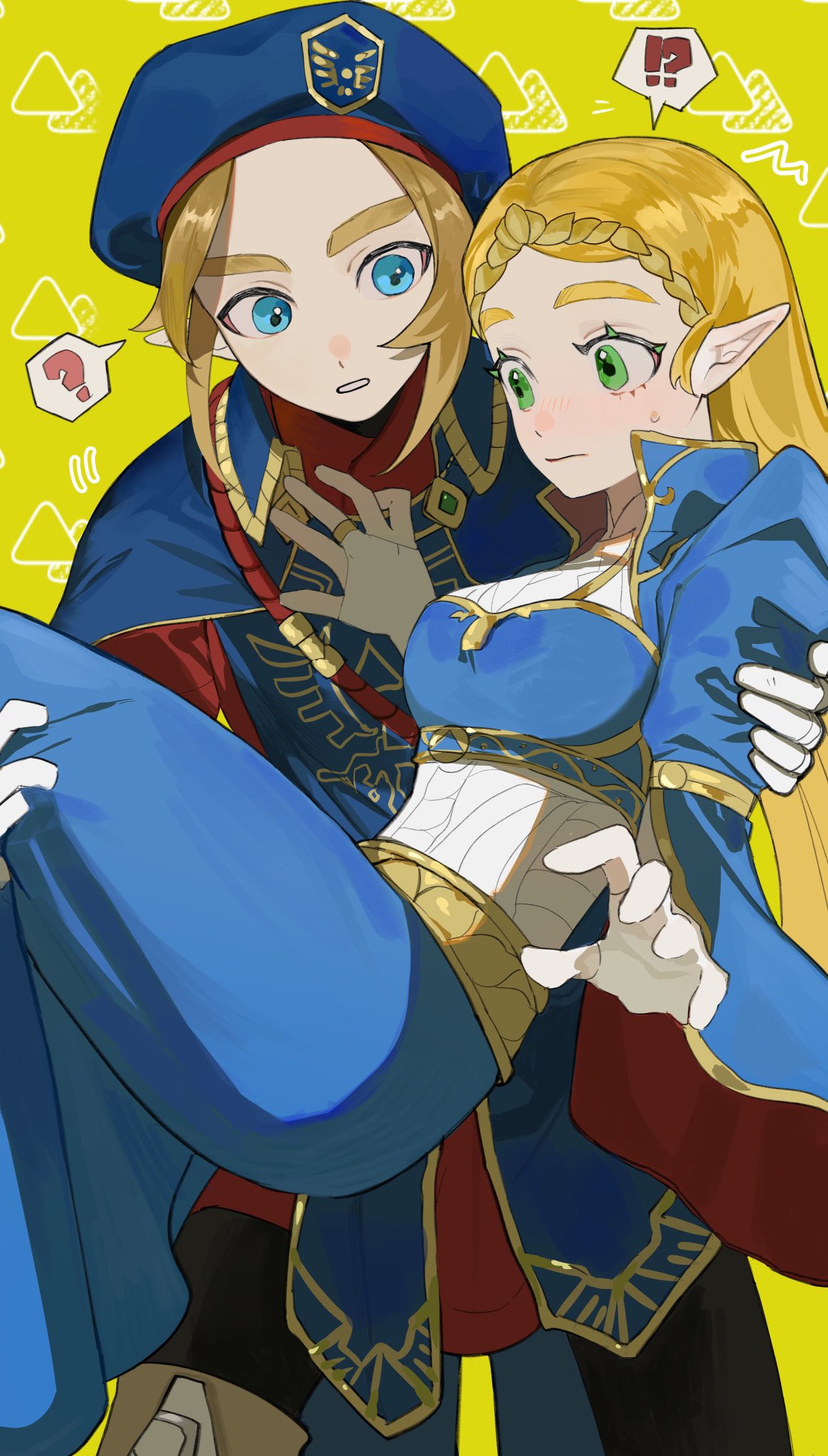 !? 1boy 1girl ? beret blonde_hair blue_dress blue_eyes blue_headwear boots breasts bridal_gauntlets cape closed_mouth dot_nose dress gloves green_eyes hand_on_another's_chest hat hetero highres link looking_at_another medium_breasts open_mouth outstretched_hand pointy_ears princess_zelda royal_guard_set_(zelda) simple_background teeth the_legend_of_zelda the_legend_of_zelda:_breath_of_the_wild thick_eyebrows triforce triforce_print white_gloves ximi0910 yellow_background