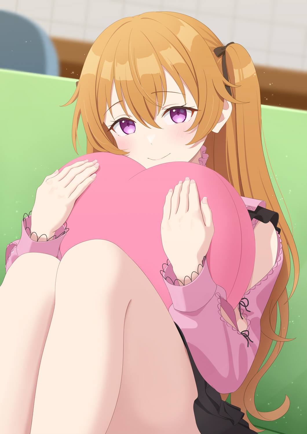 1girl black_skirt blurry blurry_background boncha closed_mouth clothing_cutout commentary_request couch hair_between_eyes heart heart_pillow highres hugging_object knees_up konoe_kanata long_hair long_sleeves looking_at_viewer love_live! love_live!_nijigasaki_high_school_idol_club mixed-language_commentary on_couch orange_hair pillow pillow_hug pink_shirt shirt shoulder_cutout sitting skirt smile solo thighs two_side_up violet_eyes