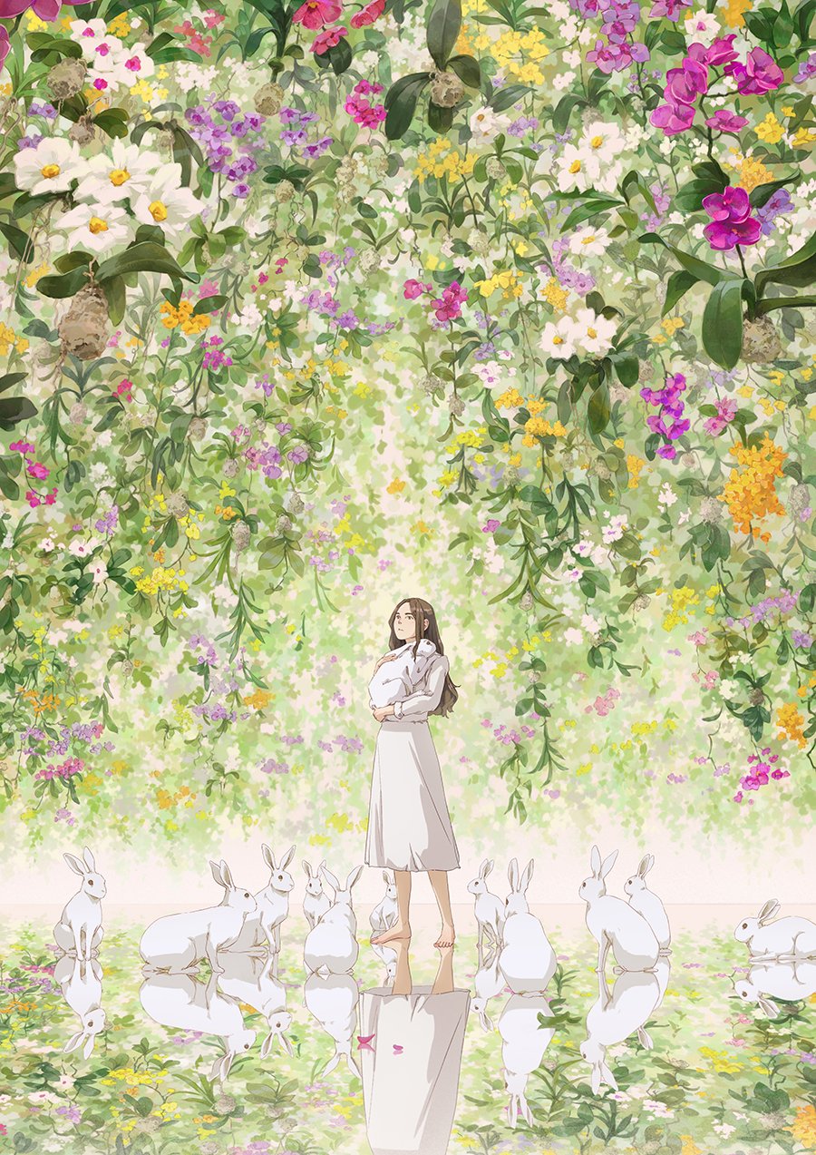 1girl animal barefoot brown_hair commentary day dress english_commentary flock flower highres holding holding_animal long_hair long_sleeves looking_ahead looking_up nature original parted_hair petals pink_flower plant purple_flower rabbit reengirl reflective_floor standing vines white_dress white_flower wide_shot yellow_flower