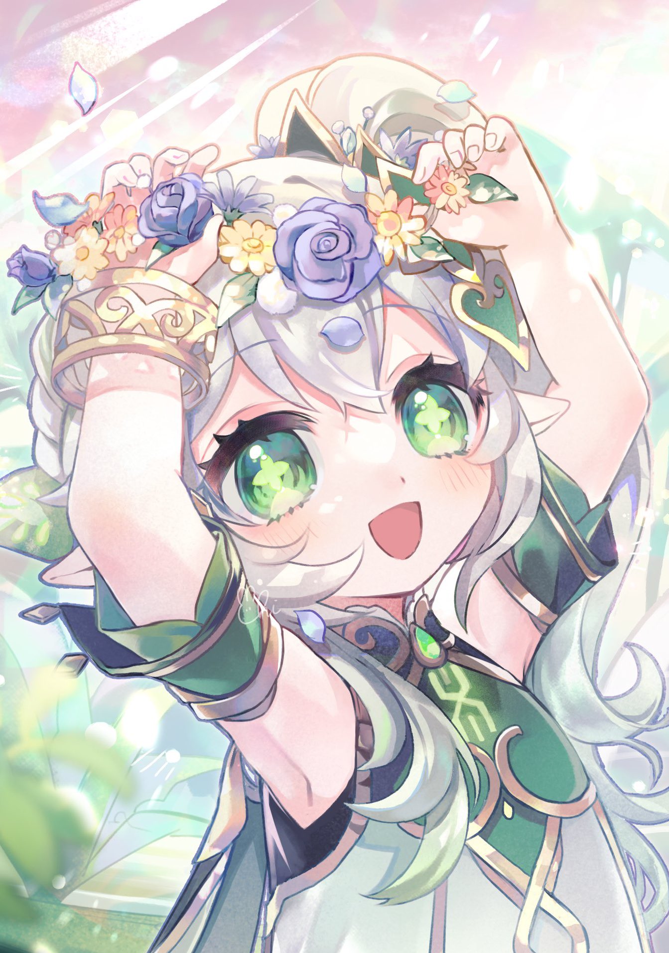 1girl :d apurico615 arms_up artist_name blurry blurry_foreground blush bracelet braid commentary_request cross-shaped_pupils detached_sleeves dress eyelashes flower flower_wreath gem genshin_impact gold_trim green_dress green_eyes green_gemstone green_hair green_sleeves hair_between_eyes hair_ornament head_wreath highres jewelry leaf_hair_ornament light_rays long_hair looking_at_viewer multicolored_hair nahida_(genshin_impact) open_mouth petals plant pointy_ears ponytail purple_flower short_sleeves side_ponytail sidelocks signature single_braid sleeveless sleeveless_dress smile solo streaked_hair symbol-shaped_pupils upper_body white_dress white_hair yellow_flower