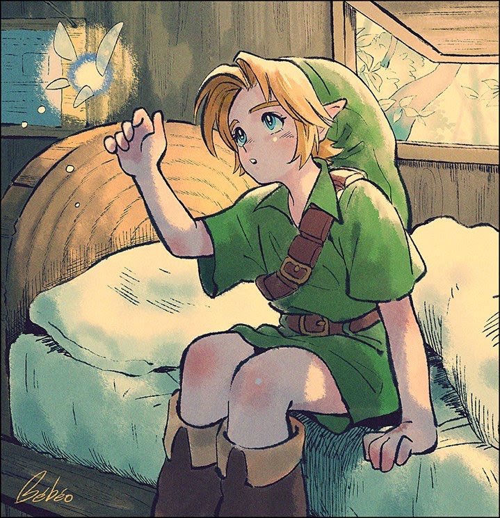 1boy belt blue_eyes boots brown_footwear collar commentary_request eyelashes fairy floating green_collar green_headwear green_tunic kwsby_124 link navi on_bed parted_lips pointy_ears sitting the_legend_of_zelda the_legend_of_zelda:_ocarina_of_time young_link