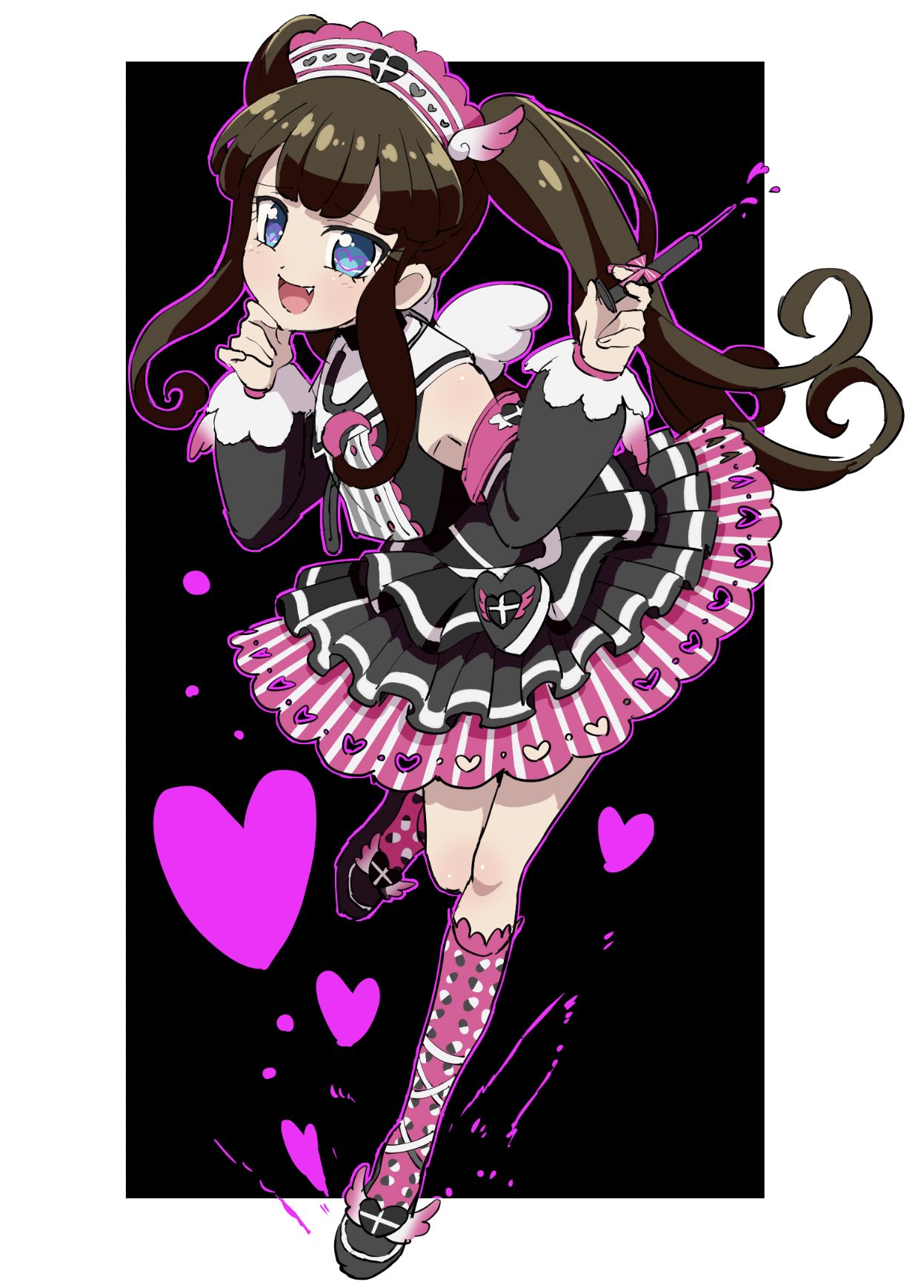 1girl :d black_dress black_footwear blue_eyes brown_hair commentary_request detached_sleeves dress edamame_(buruburu) fake_wings fang frilled_dress frills full_body hand_on_own_cheek hand_on_own_face hat heart heart_in_eye highres holding holding_syringe idol_clothes kurosu_aroma long_hair looking_at_viewer nurse nurse_cap open_mouth pink_armband pink_socks pretty_(series) pripara puffy_detached_sleeves puffy_sleeves shoes smile socks solo standing standing_on_one_leg symbol_in_eye syringe twintails white_wings wings