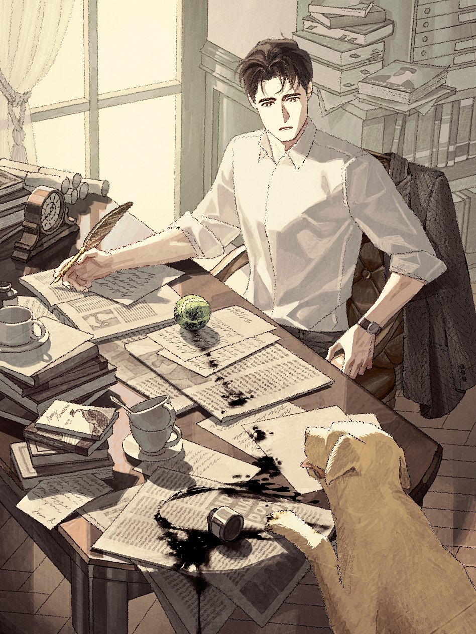 1boy animal ball book bookshelf brown_eyes brown_hair brown_theme clock clutter collared_shirt cup desk dog highres holding holding_pen indoors ink inkwell jaddddan looking_at_animal male_focus mug newspaper open_mouth original paper pen quill shirt short_hair sitting sleeves_rolled_up solo table teacup tennis_ball very_short_hair watch watch white_shirt