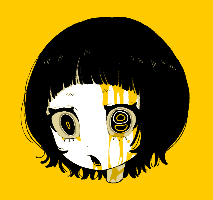 1girl black_hair bleeding_from_forehead blood blood_on_face blunt_bangs close-up colored_skin commentary_request extra_pupils limited_palette open_mouth original panda23577667 short_hair simple_background solo white_skin yellow_background yellow_theme