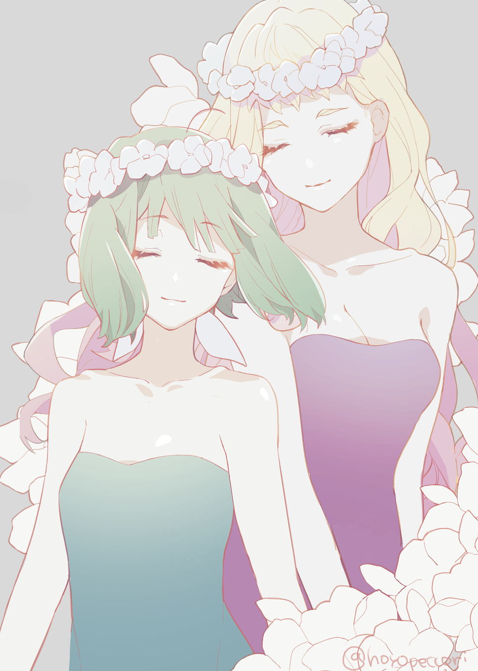 2girls bare_shoulders blonde_hair breasts closed_eyes closed_mouth collarbone commentary_request curly_hair dress earrings floral_background green_dress green_hair hair_behind_ear head_tilt head_wreath highres hoyopeccori jewelry long_hair macross macross_frontier medium_breasts multiple_girls pink_dress ranka_lee sheryl_nome short_hair single_earring small_breasts strapless strapless_dress twitter_username upper_body
